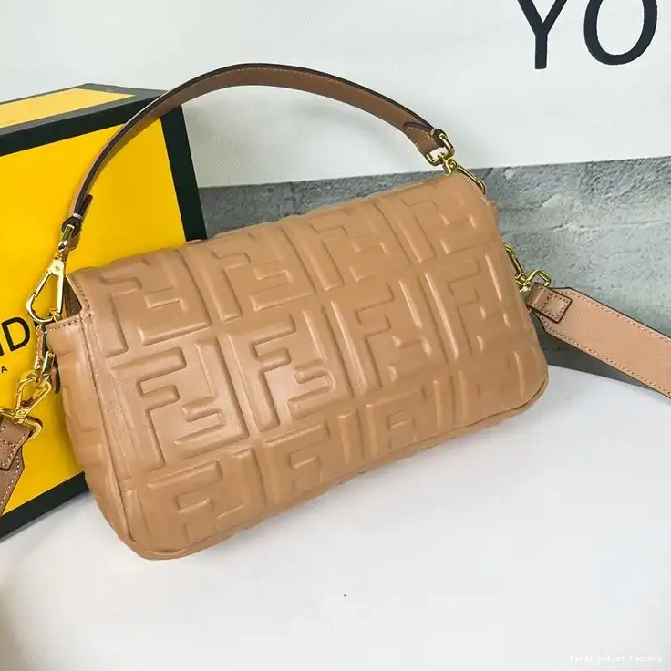 Affordable HOT In Medium Brown Fendi FF Leather Nappa Motif Baguette Bag 0618